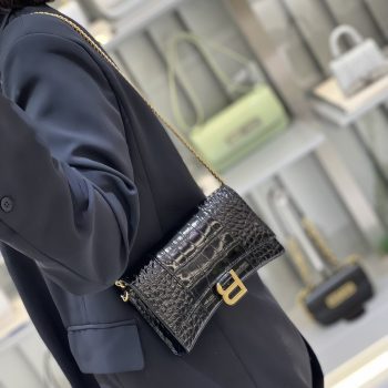 Balenciaga Womens Hourglass Wallet With Chain In Black Shiny Crocodile Embossed Calfskin