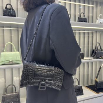 Balenciaga Womens Hourglass Wallet With Chain In Black Shiny Crocodile Embossed Calfskin With Black Logo