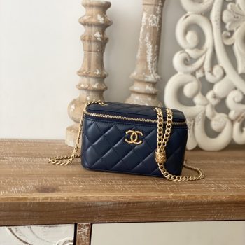 Chanel 81222 Vanity Leather Crossbody Lipstick Bag Dark Blue