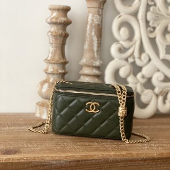 Chanel 81222 Vanity Leather Crossbody Lipstick Bag Dark Green