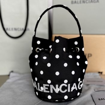 Copy Balenciaga Wheel XS Drawstring Bucket Bag in Black and wWhite Printed Recycled Nylon