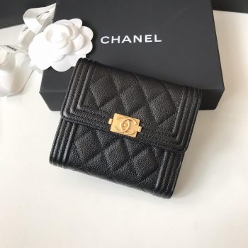 Copy Boy Chanel A81965 Small Flap Wallet Grained Calfskin Gold Tone Metal Black