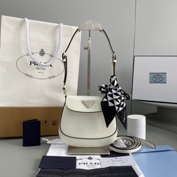Copy Prada Cleo Brushed Leather Shoulder Bag White