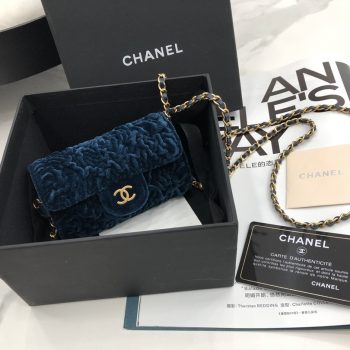 Fake Chanel Jewel Card Holder Small Bag with Chain Blue Velvet with Gold Hardware Celebrity Same Christmas