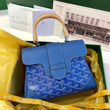 Goyard Mini Saigon Bag Goyardine Coated-Canvas With Calfskin Leather and Wooden Top Handle Blue