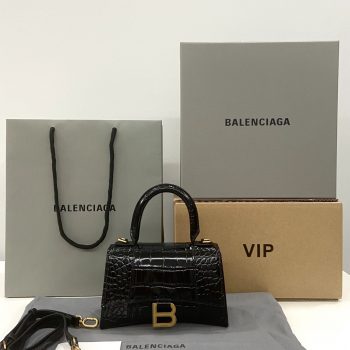 Original Copy Balenciaga 19cm Womens Hourglass Chain Bag in Back Shiny Crocodile Embossed Leather Gray