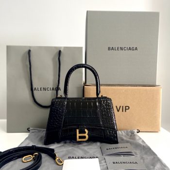 Original Copy Balenciaga 23cm Womens Hourglass Chain Bag in Back Shiny Crocodile Embossed Leather Gray