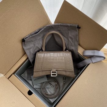 Original Copy Balenciaga 23cm Womens Hourglass Chain Bag in Back Shiny Crocodile Embossed Leather Khaki