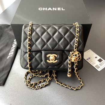 Chanel Mini Flap Bag with Aged Gold Hardware with Quilted CC Toggle Ball Black