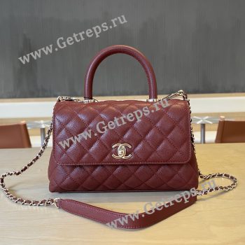 Chanel COCO Top Handle Handbag Dark Red Grained Calfskin 23cm