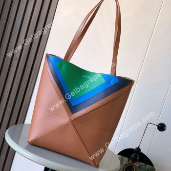 Loewe Medium Puzzle Fold Tote in Shiny Calfskin Brown